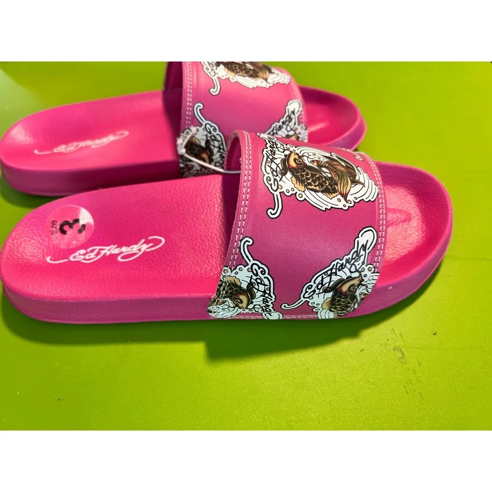 Ed‎ Hardy Pink Koi Fish Tattoo Graphic Slide Sandals Kids Size 3